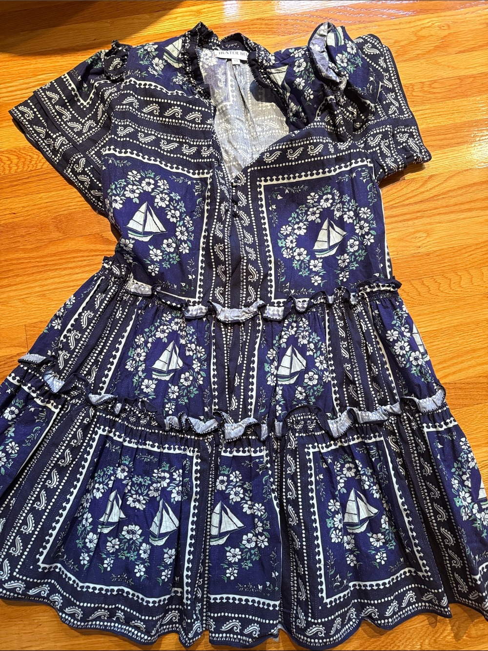 HUNTER BELL Navy Sailboat Print Tiered Mini Dress